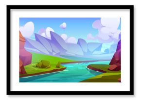 River flowing in rocky canyon valley. Vector cartoon illustration of stream with clear water, green bushes and grass, big brown stones under blue sunny sky with white fluffy clouds, game background