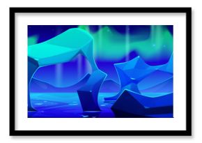 Northern aurora light. Night polar arctic borealis vector landscape. North winter and iceberg glacier abstract cartoon background. Ice arch in sea environment of Lofoten. Starry sky on fjord scene