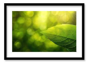 A green leaf is pictured against a blurred green backdrop, showcasing its beautiful texture under sunlight. The background features a natural landscape of green plants, emphasizing ecology.