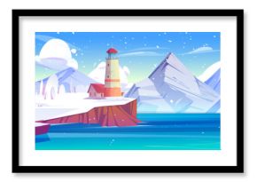 Winter landscape with lighthouse on cliff rocky shore of sea or ocean covered with snow. Cartoon vector illustration of northern scenery with red vintage beacon tower on snowy coastline with mountains