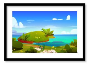 Summer seashore with flowers and green grass. Vector cartoon illustration of beach scenery with clear blue water, footpath along coast with lawn and bushes, clouds in sunny sky, travel background