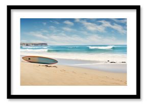 A pristine sandy beach with a solitary surfboard adorns the scene leaving ample room for content
