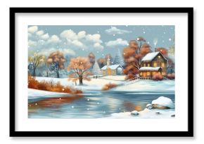 artful illustration,  wooden cabin in snow forest , oil painting style, Generative Ai
