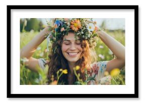 A woman joyfully crafting a flower crown gathering blooms in a lush green field