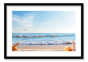 A serene summer sea backdrop adorned with starfish shells and a wooden surface provides an ideal copy space image