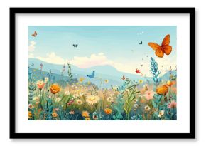 A tranquil meadow blanketed with wildflowers, butterflies, and the distant sound of buzzing bees. Vector flat minimalistic isolated illustration