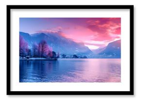 Winter Sunset Beauty at Lake Annecy in Haute-Savoie, France, Embraced by Snowy French Alps. Concept Lake Annecy, Haute-Savoie, France, Winter Sunset Beauty, Snowy French Alps, Outdoor Photography