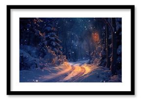Scenic Path in Snowy Forest at Night Banner Layout