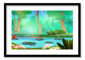 Jungle forest lake. River water cartoon vector. Pond in deep green rainforest scenery with tropical flower and grass. Panoramic riverside environment with magic frog in wildlife woods for game