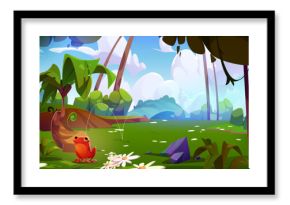 Green Amazon forest with tree and bush plant background. Rainforest tropic nature wild landscape vector illustration. Summer jungle and magic frog animal in beautiful vegetation environment design