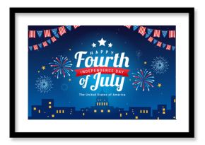 Happy Fourth of July vector illustration. Fireworks light up night sky in downtown
