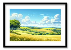 Summer landscape in a hilly region sunny day outdoors with clouds and clear blue sky