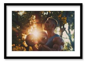 A bearded man lifting dumbbells in an autumn park at sunset, enjoying a healthy workout for enhanced fitness AIG58