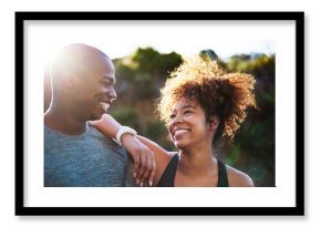 Happy, black couple and fitness with partner in nature for exercise, outdoor training or workout together. African man or woman with smile in sunshine for running, cardio or marathon on mountain road