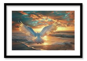Majestic white seagull with wings wide open flying over ocean waves on the beach during a golden hour sunset