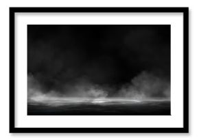 Smoke clouds above black water surface. Vector realistic illustration of white fog, steam, mist over spooky sea waves, dark river splashing in scary smog, mysterious Halloween atmosphere, horror night