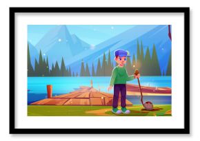 Boy find stone on rope near lake dock and boat. Water surface and mountain front view summer nature landscape background. Blue river and kid character to harbor. Happy teenage in park illustration
