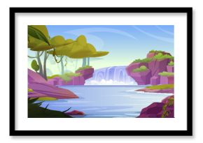 Tropical forest with waterfall cascade. Vector cartoon illustration of river scenery with exotic green trees and plants, water flowing down rocky stones, blue sunny sky, summer travel background