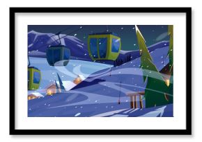 Winter skiing resort landscape at night. Dark dusk mountains covered with snow, fir trees, wooden chalet with light in windows, skyride funicular under snowfall. Cartoon vector cold season vacation.