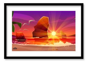 Summer sea or ocean beach sunset landscape. Tropical lagoon with palm trees and sand shore, rock mountains and seagull in pink and orange gradient sky. Cartoon vector sunrise coastline scenery.