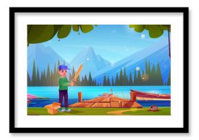Boy play near mountain lake dock with baseball bat. Boat on rope near wooden pier on river landscape. Wharf summer view in park and kid travel to shore. Alone teenage character on shore near forest
