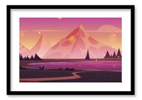 Sunset sky landscape with mountain and lake view vector background. Calm summer valley scenery in magic pink and orange panoramic scene. Outdoor evening adventure nature illustration design