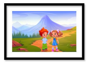 Boy with girl walk with mountain view cartoon. Cute and happy preschool children friendship drawing panorama. Beautiful valley with road, green grass, kid and brown stone environment for trip.