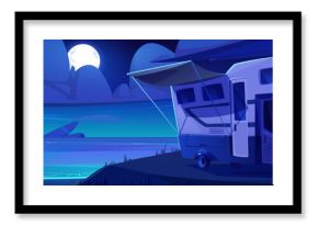 Trailer parked on night summer beach. Vector cartoon illustration of lakeside camp, dark sea coast with grass and sand, rocky stones in water, full moon and stars glowing in cloudy sky, holiday travel