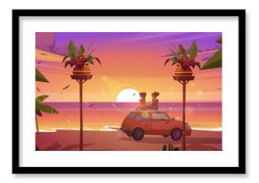 Summer sea beach sunset landscape with two women sitting with back on roof of car on sand shore. girls meet sunrise on Hawaiian seashore during vacation. Summertime scenery with tropical lagoon.