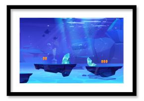 Underwater game level map with floating ground platform for jump and collect golden coins. Cartoon vector illustration of gui aquatic scenery. Blue undersea landscape for adventure videogame.