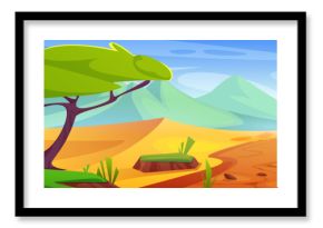 African savannah desert landscape with road and sand, mountains and stones, trees and bushes. Cartoon vector illustration of summer hot drought Africa scenery with acacia woods and greenery.