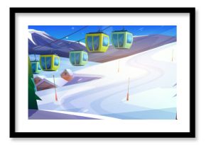 Winter ski resort with cable cars in mountains. Vector cartoon illustration of gondola lift carrying tourists above snowy slope, wooden chalet houses and trees, Alpine landscape, holiday recreation