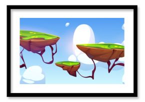 Arcade game level landscape with flying island platform for jump. Cartoon vector floating ground pieces with green grass on top an roots, blue sky with clouds. Mobile videogame adventure scene.