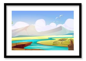African savannah sunny landscape with blue water in river, green grassland and acacia trees, bushes and rock mountains. Cartoon vector Africa desert nature scenery with white clouds on blue sky.