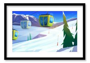 Winter ski resort with cable cars in mountains. Vector cartoon illustration of gondola lift carrying tourists above snowy slope and trees, Alpine landscape, holiday recreation