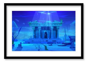 Ancient sunken Greek temple on sea bottom. Cartoon vector illustration of blue marine landscape with Rome pantheon ruins with columns deep under water. Fantasy lost civilization city on seabed.