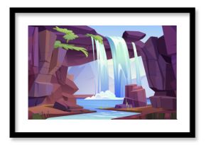 Summer sunny day landscape with high rocky cliff mountains and waterfall. Cartoon vector illustration scenery with river stream water falling from stone hills. Wilderness scene with canyon peak.