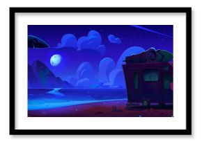 Camper van standing on sea beach with palm trees, sand shore, calm water and stones at night under starry sky and moon light. Cartoon vector dark dusk ocean landscape with motorhome during trip.