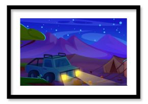 Camp tents and car with headlights turned on in African savannah desert at night. Cartoon vector dark dusk summer drought Africa landscape with campsite, acacia trees and bushes, dune mountain hills.