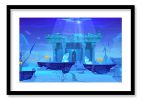 Underwater landscape with antique temple and game platforms. Vector cartoon illustration of sea or ocean bottom, ancient palace with cracked marble pillars, coins on floating arcade islands, seaweeds