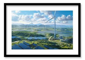 A sprawling landscape featuring DERMs and Virtual Power Plants in a rural setting, surrounded by vast fields of solar panels and wind turbines, AI Generative