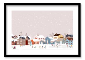 Seamless pattern Winter City Scene,Christmas Greeting Card,New Year Background,Vector illustration Endless Horizon Cute Fairy Houses with Snowy.Pattern Christmas winter landscape Design for Postcard