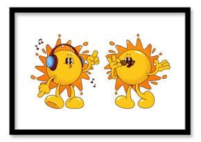 Funky retro sun mascot character - cute cartoon face expressions, big shoes, headphones and sunglasses. Playful vintage emoticons showing fun summer party mood. Joyful bright yellow sunny personage.