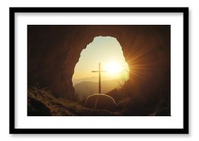 Empty tomb with the cross outside at sunrise on Easter, copy space for text, stock photo contest winner, beautiful background, photo of an empty cave,  