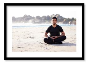 Yoga, meditation and man with peace on beach for spiritual mindfulness or self care for healthy mindset. Calm, routine and person breathing with holistic wellness for zen chakra in summer at ocean