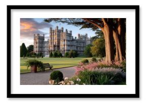 Highclere Castle, the iconic setting of Downton Abbey, carries its grandeur and elegance against an atmospheric sky, with lush green lawns leading up to it.