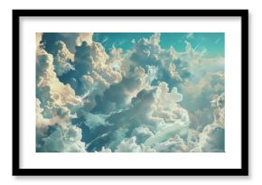 A digital painting of fluffy white clouds scattered across a blue sky, Fluffy white clouds scattered across a digital landscape