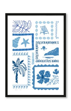 Blue tropical beach stamps seamless pattern. Cute hand drawn palm tree, flowers, seashells, sea island, summer vacation elements in frame. Vector tropic story design, print, exotic wallpaper, textile.