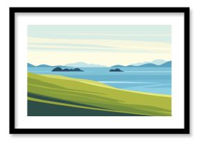 Coast of northern islands. Beautiful landscape of green mountains and sea. Northern beaches. Vector illustration of seashore, green meadows, mountains, rocks and islands.