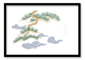 Japanese background with line bonsai tree and chinese cloud pattern vector. Abstract template with geometric wave pattern in risograph style